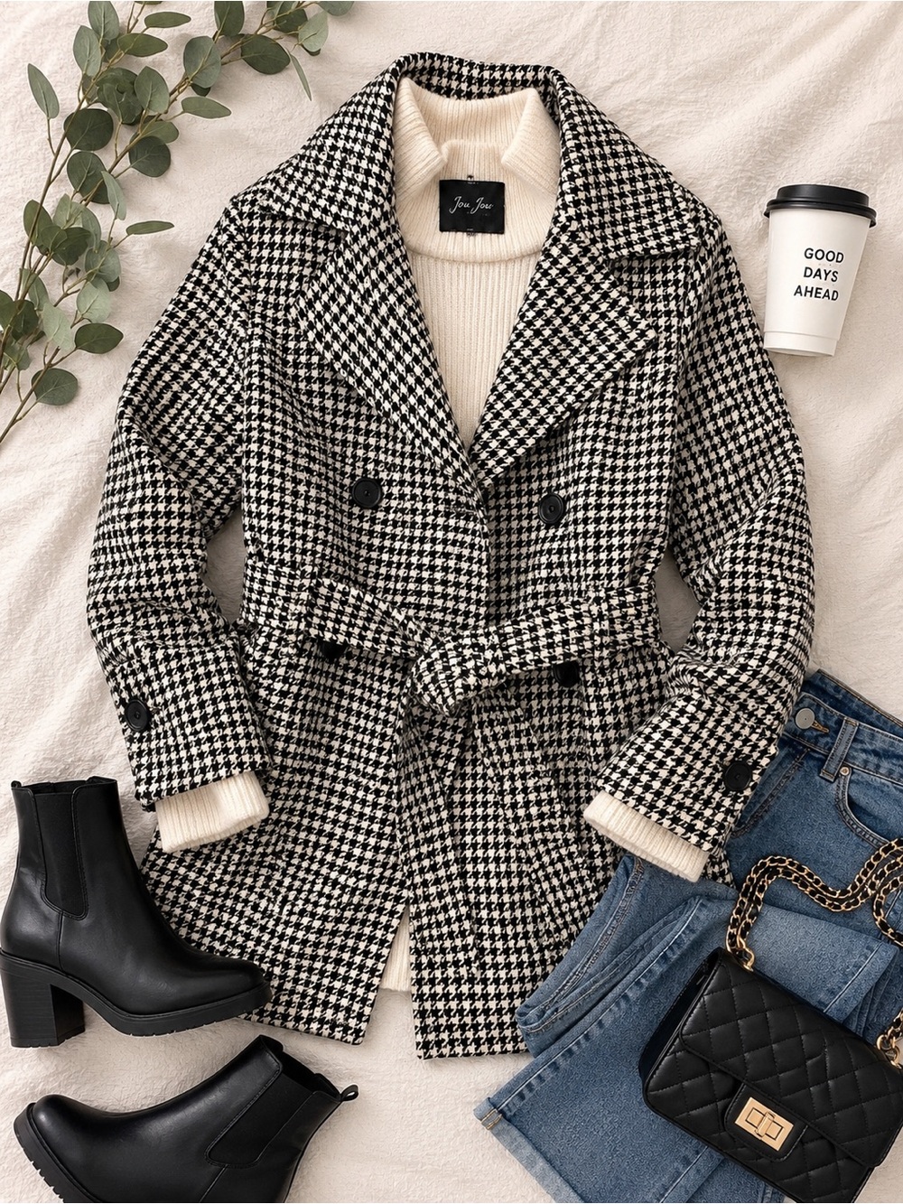 Black White Houndstooth Peacoat XL Double Breasted Belted Coat